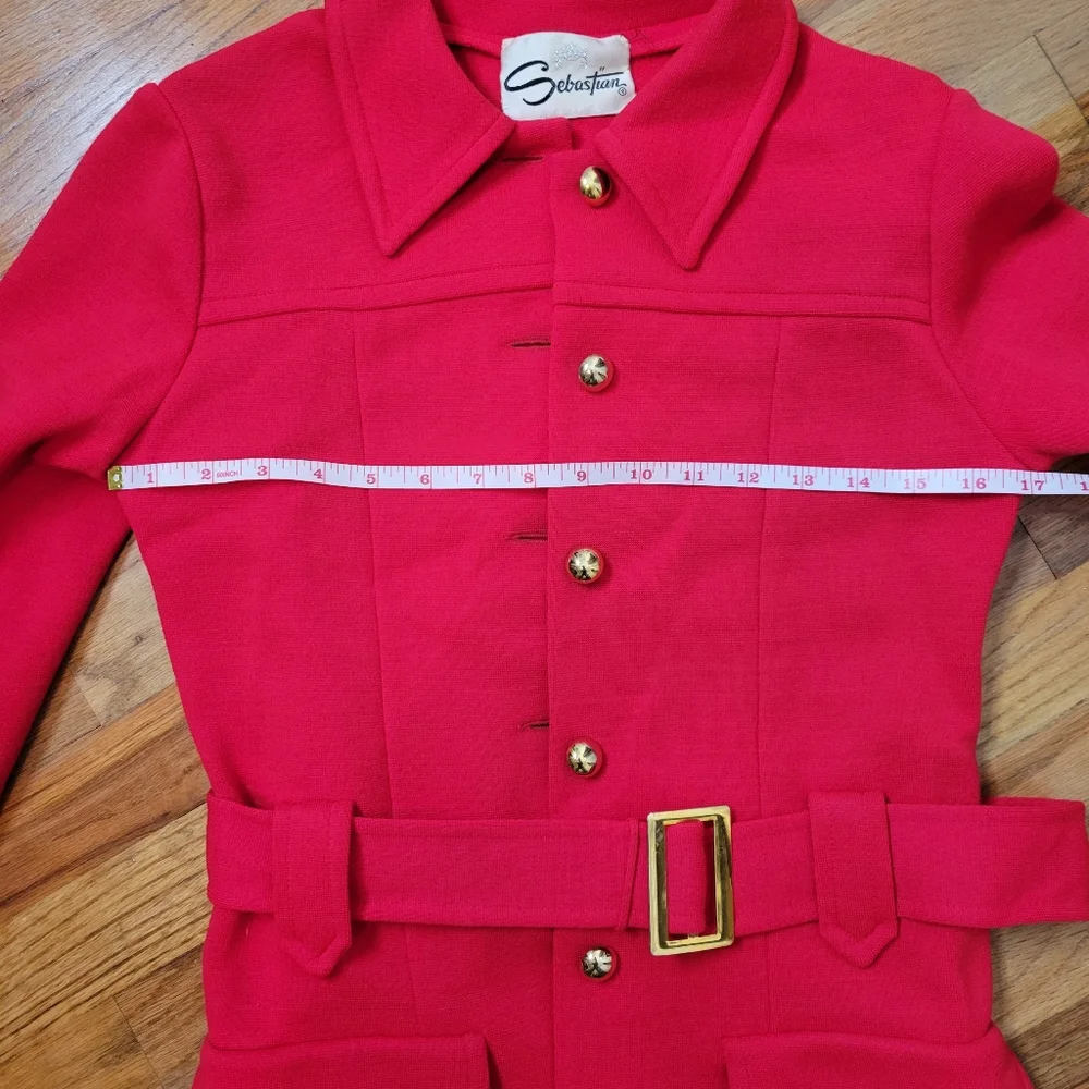 Vintage 1960s Sebastian Red Belted Jacket and Pant Suit With Gold Buttons Set - Picture 8 of 16